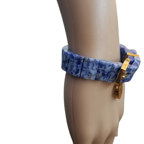 RUSTIC CUFF CHARAY GOLD SODALITE STONE BELT STYLE STRETCH BRACELET WITH BOX NWOT - Picture 3 of 8